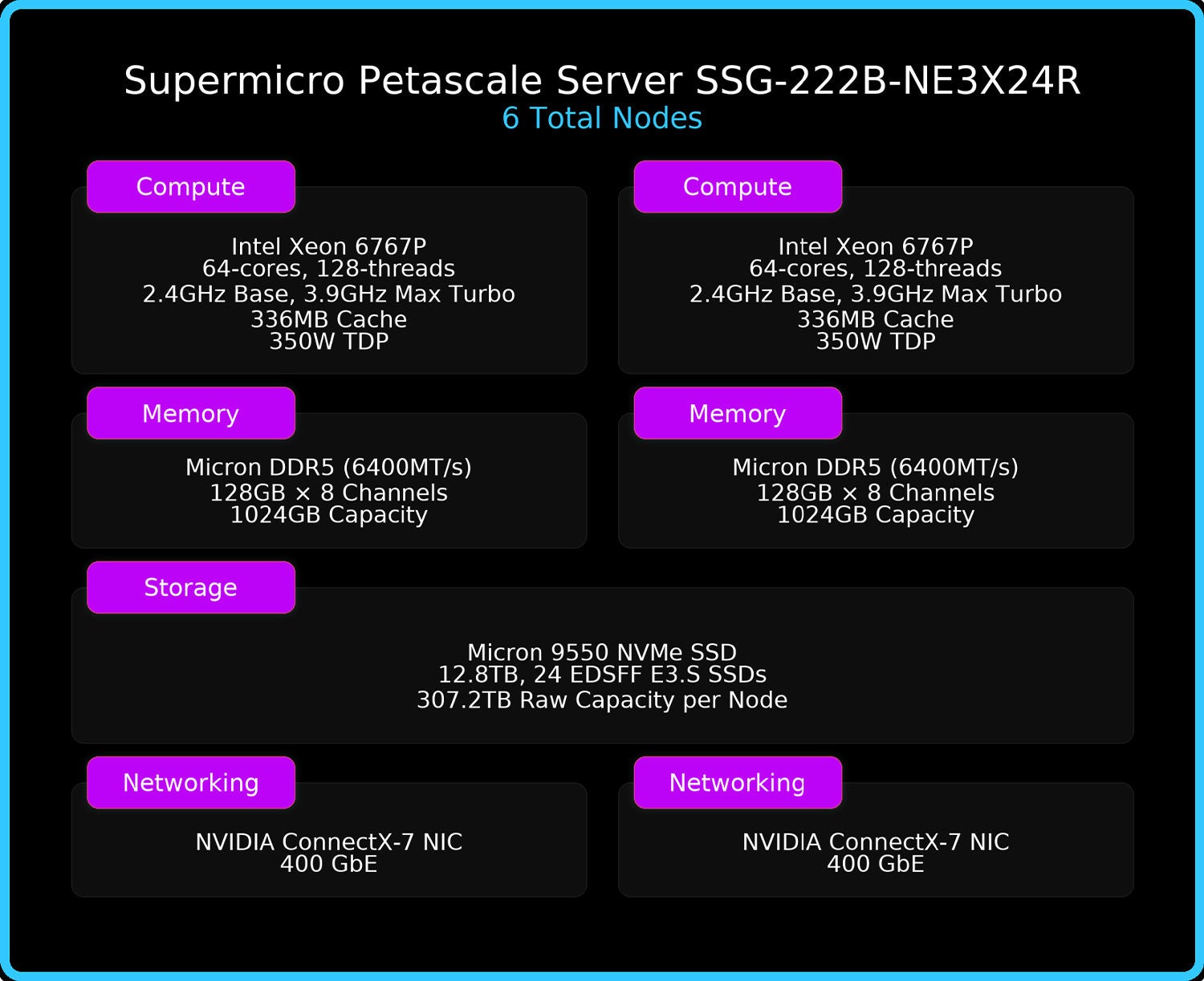 The 6 Supermicro SSG-222B-NE3X24R Petascale server nodes