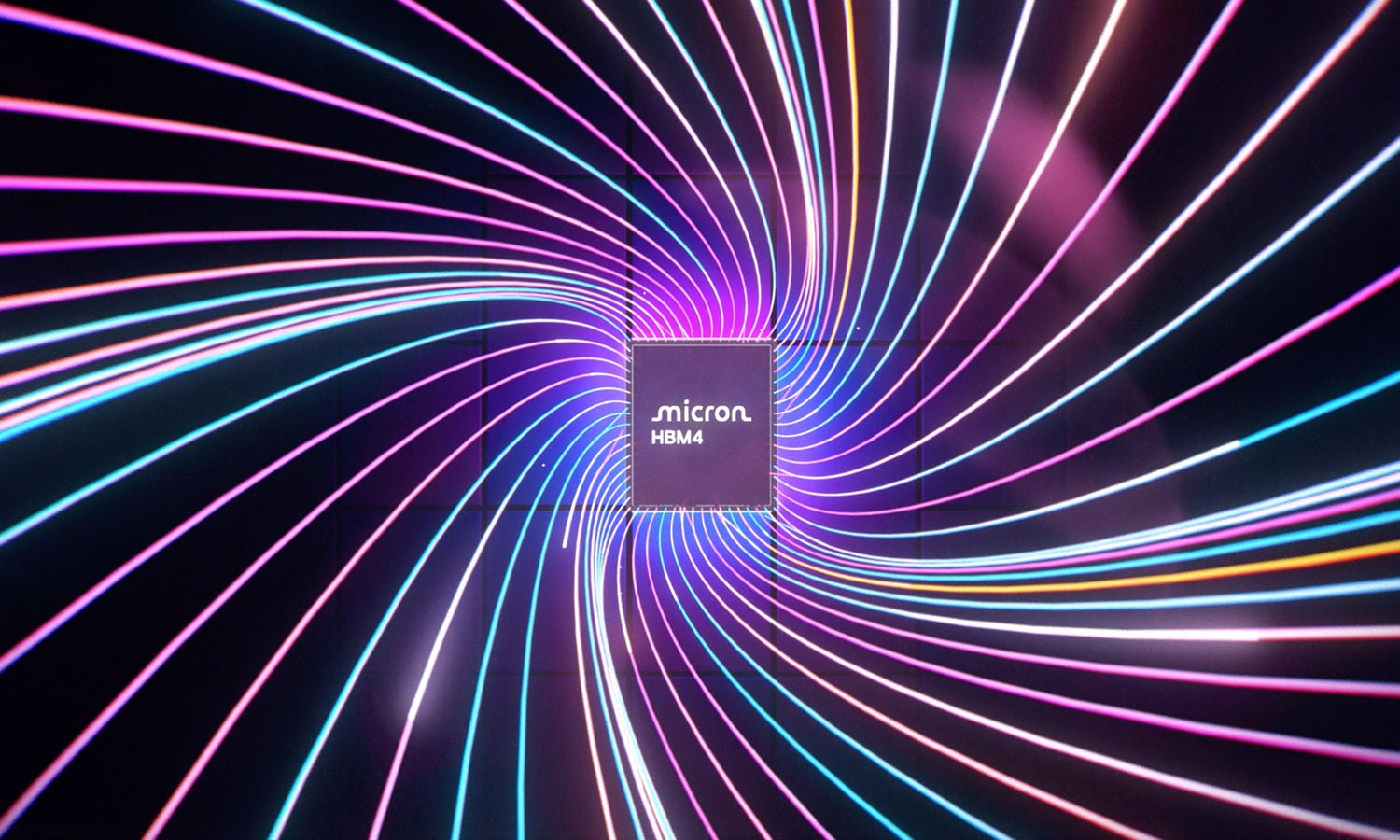 A rainbow of colorful lines spread from a Micron HBM4 memory chip​